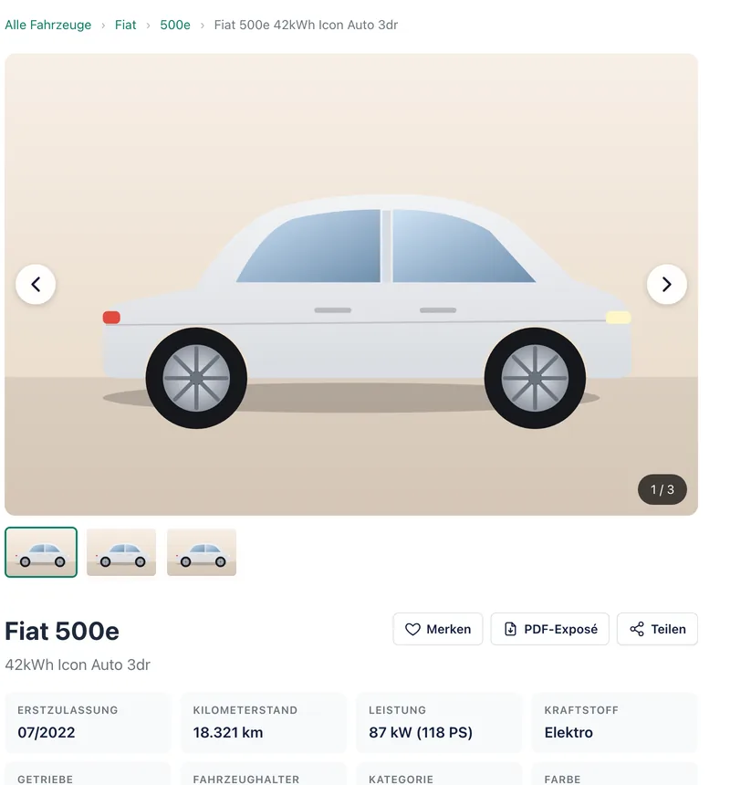 Fahrzeugseite mit Bildergalerie, Preis, technischen Daten und Anfragebereich