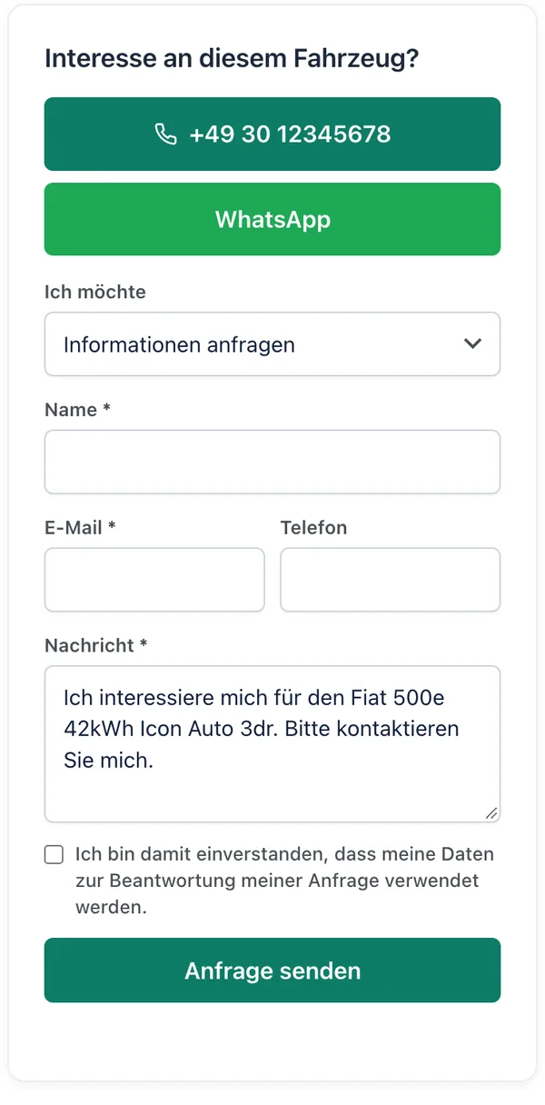 Anfrageformular auf der Fahrzeugseite mit Anlass, Name, E-Mail und Einwilligung