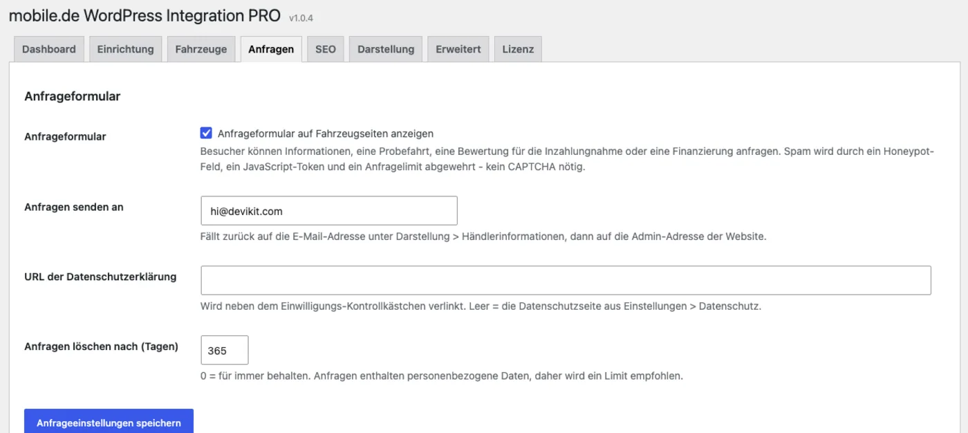 Einstellungen des Anfrageformulars: Empfänger, Datenschutz-URL und Löschfrist