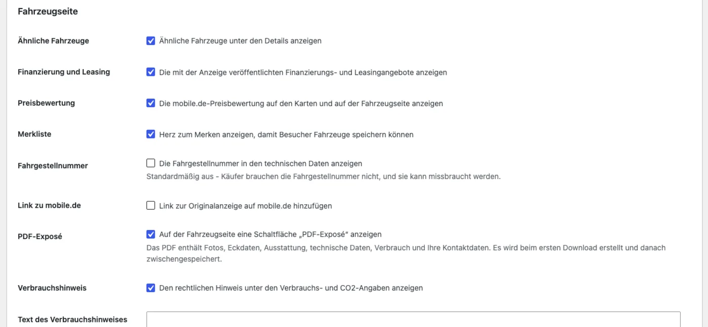 Darstellung der Fahrzeugseite: ähnliche Fahrzeuge, Finanzierung, Preisbewertung, Merkliste, PDF-Exposé und Verbrauchshinweis