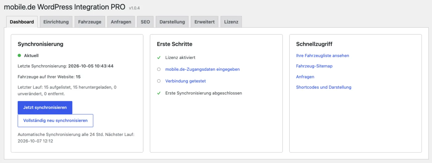 Dashboard mit Synchronisierungsstatus, Checkliste und Schnellzugriff