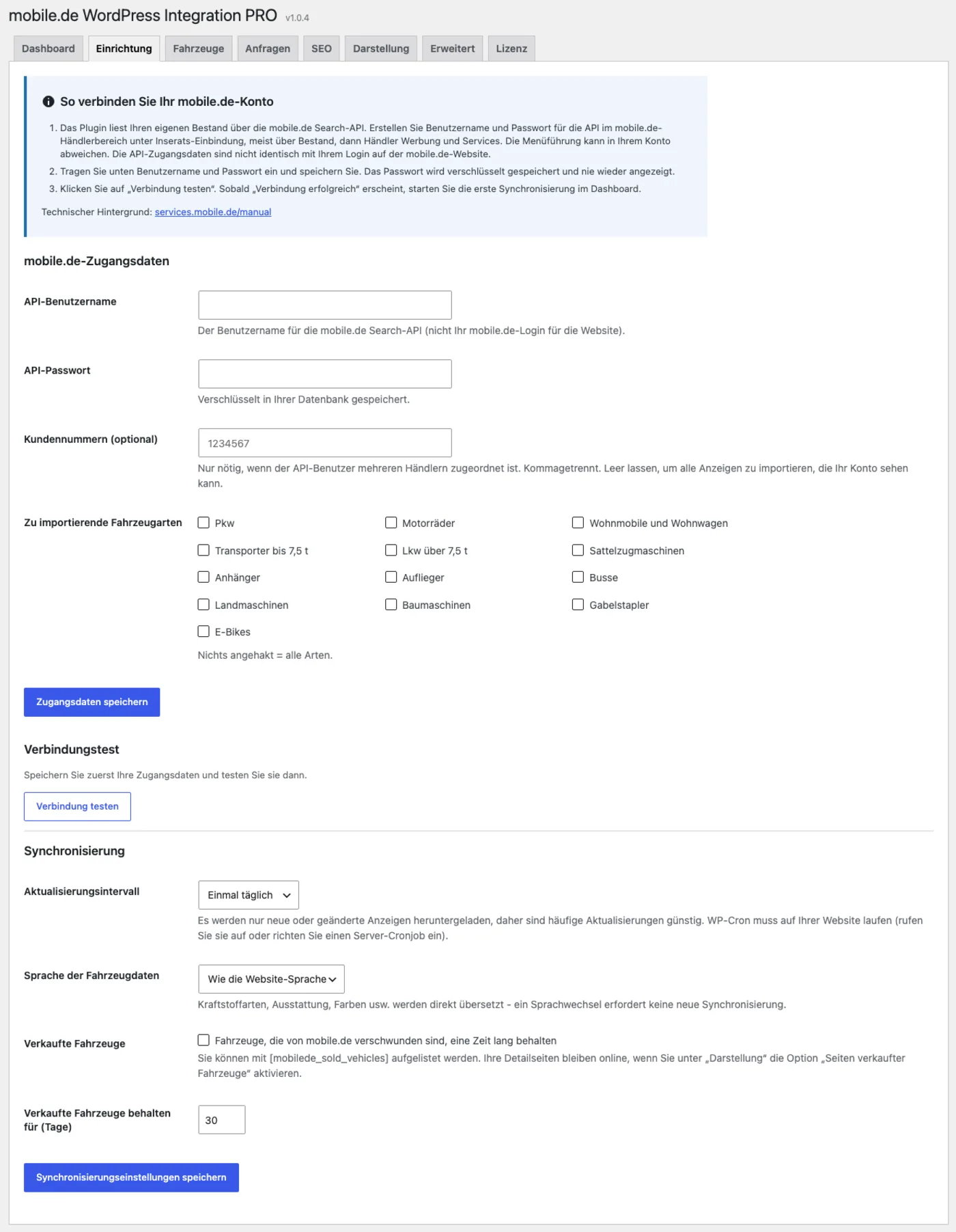 Einrichtung: API-Zugangsdaten, Fahrzeugarten, Verbindungstest und Synchronisierungsintervall