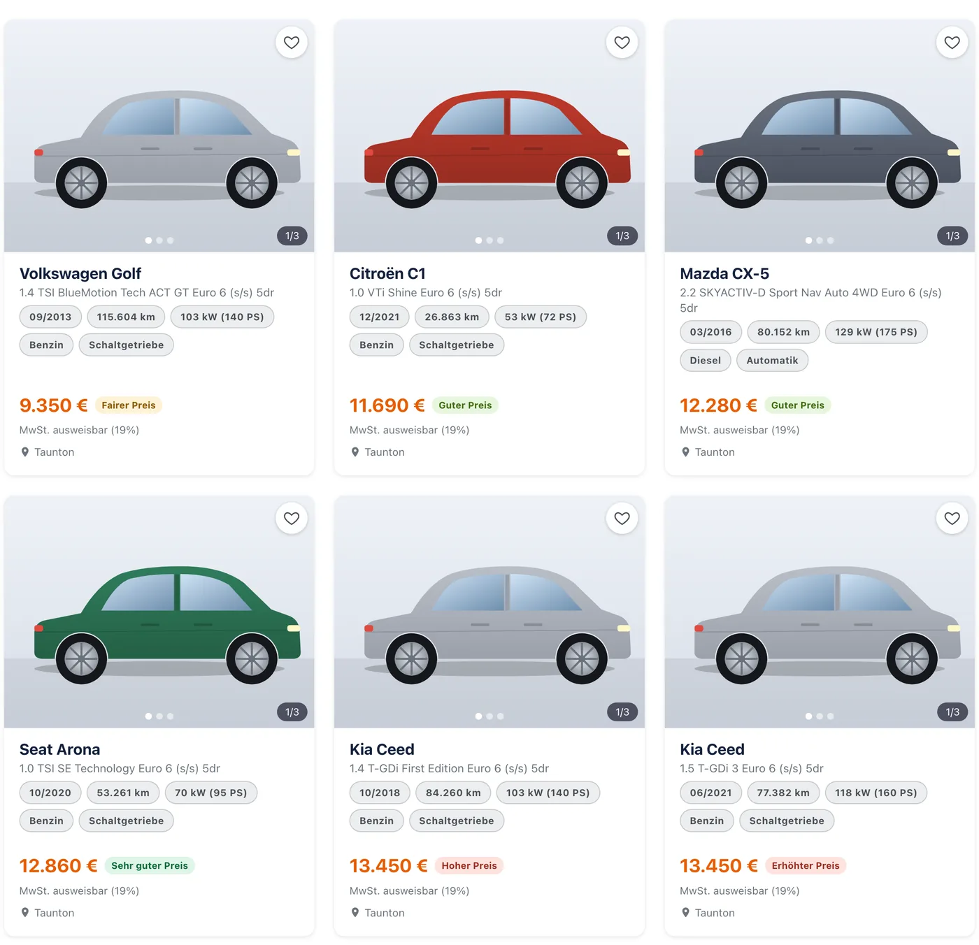 Fahrzeugliste mit Karten, Preis und Eckdaten