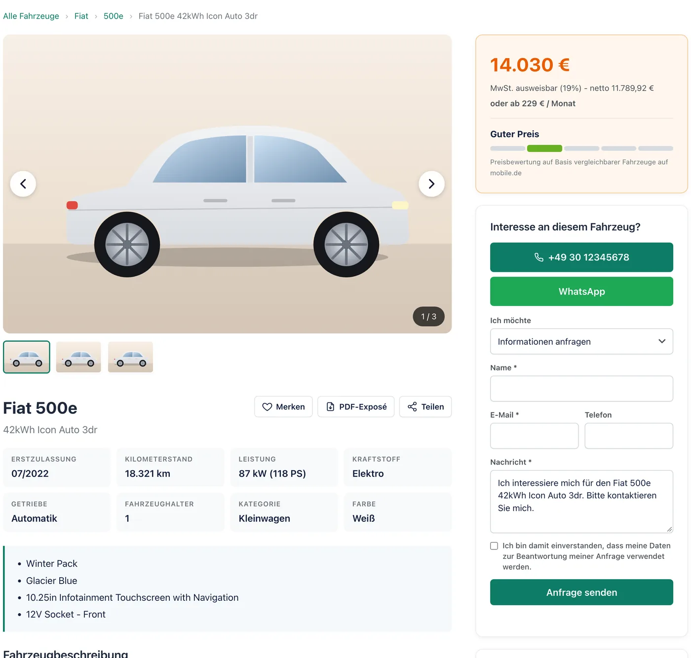Fahrzeugdetailseite mit Galerie, Beschreibung und technischen Daten