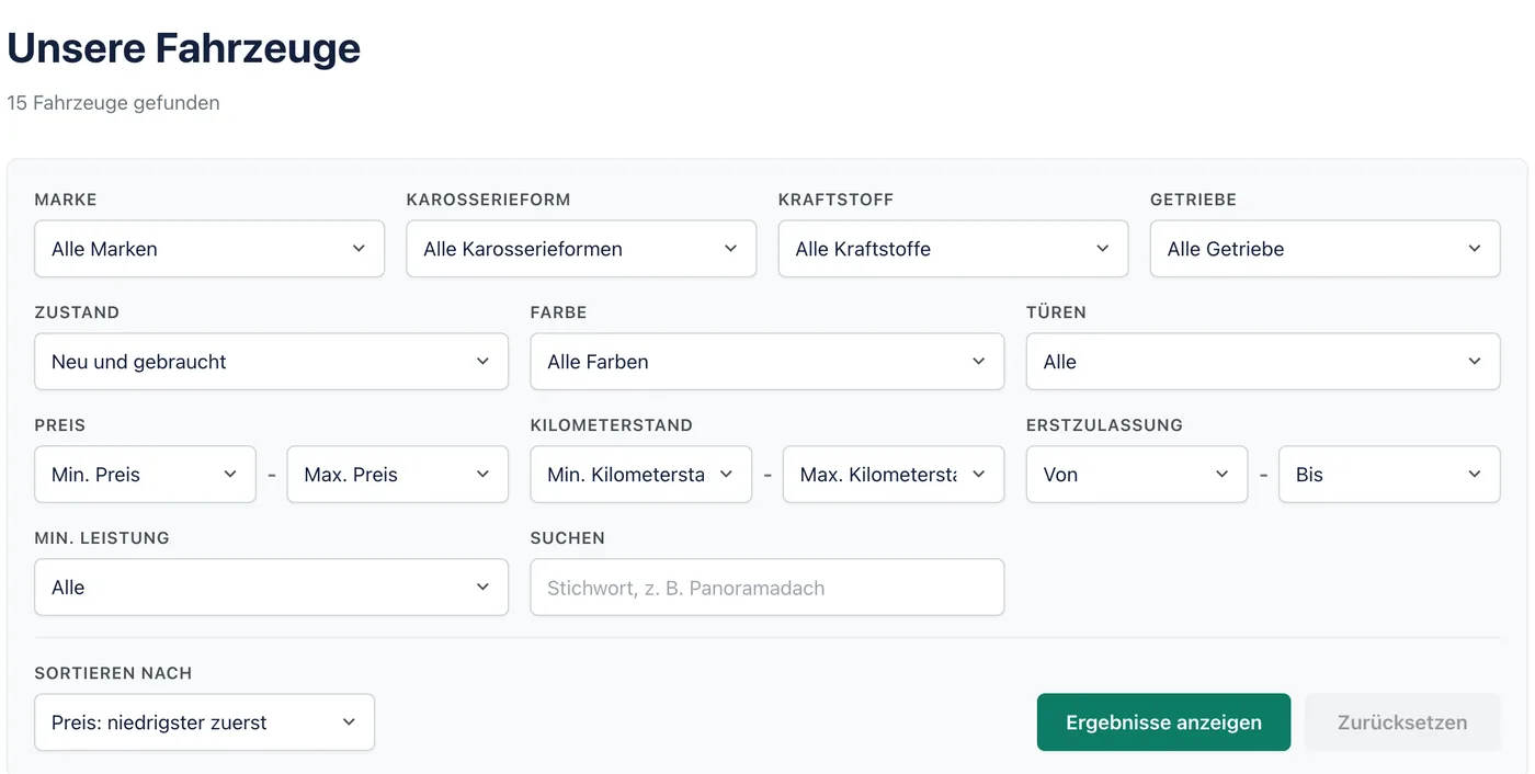 Filter der Fahrzeugliste: Marke, Karosserie, Kraftstoff, Getriebe, Zustand, Farbe, Türen, Preis, Kilometerstand, Erstzulassung, Leistung und Stichwort