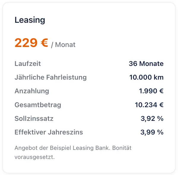 Ratenblock mit monatlicher Rate, Laufzeit, Fahrleistung, Anzahlung und Zinssätzen