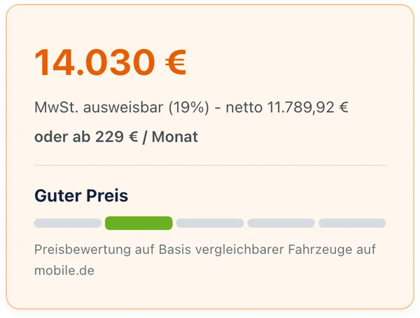 Preisbereich mit Bruttopreis, Mehrwertsteuerhinweis, Monatsrate und Preisbewertung