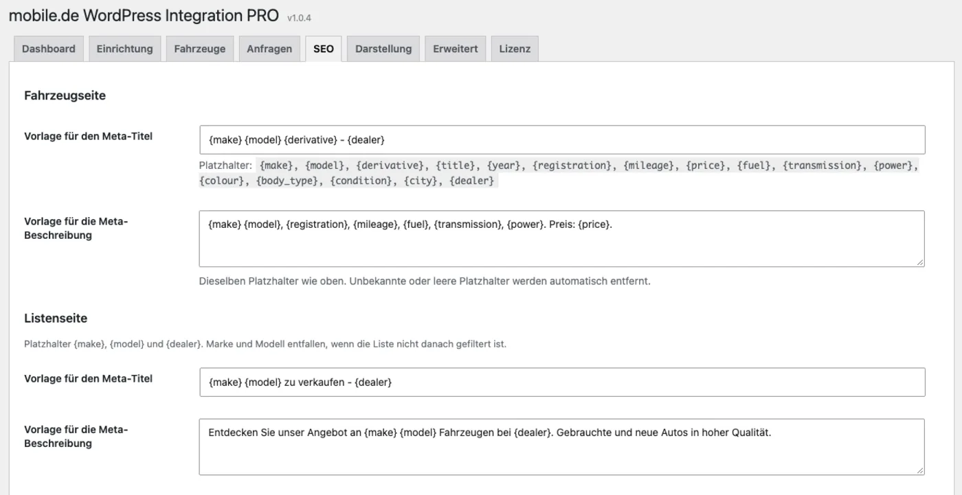 SEO-Vorlagen für Meta-Titel und Meta-Beschreibung von Fahrzeugseite und Liste